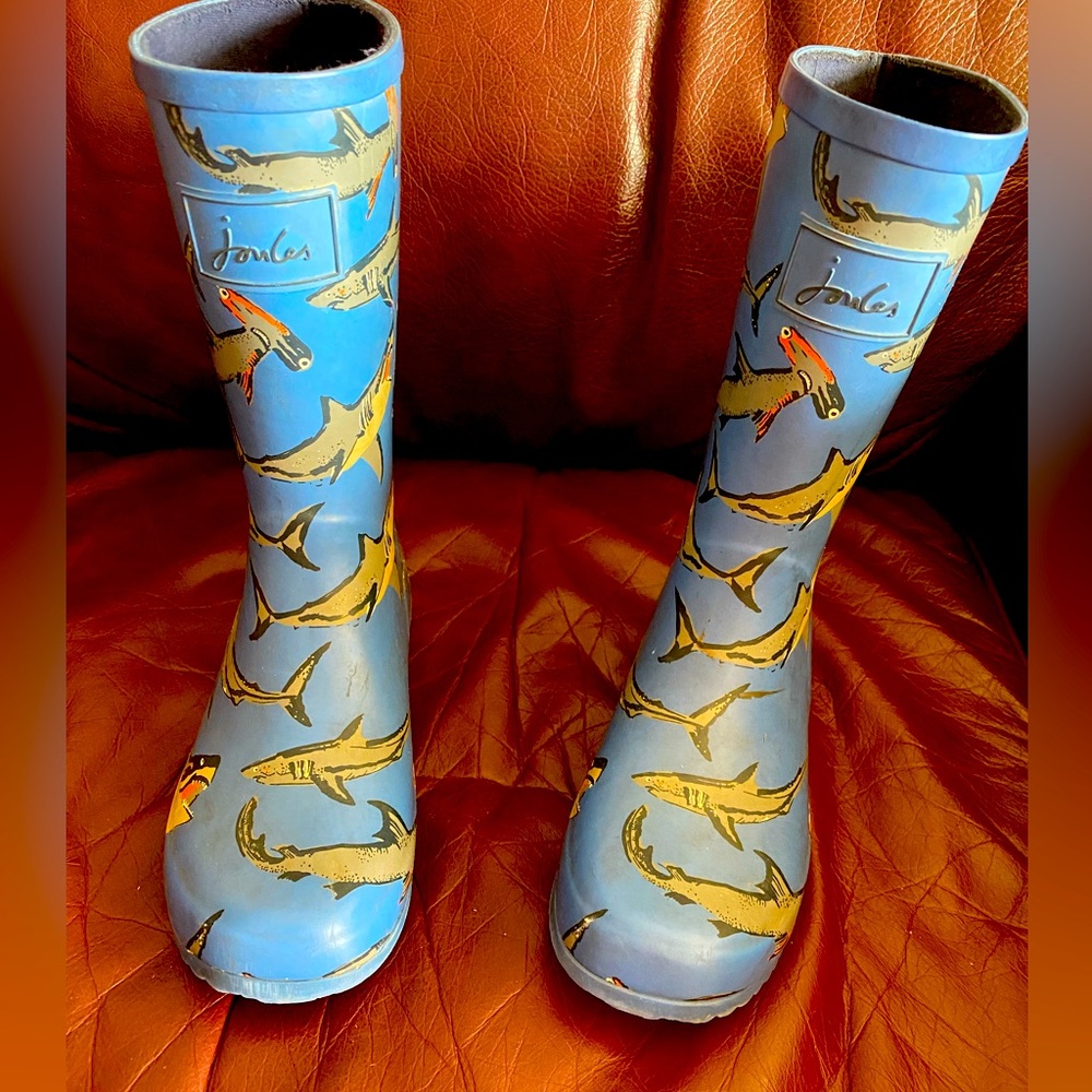Size 3 blue shark print Joules rain boots